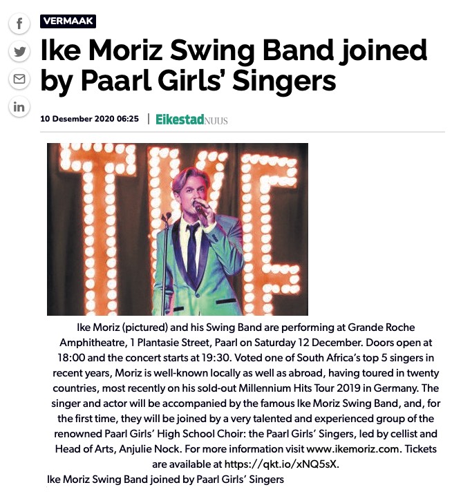 EikestadNuus 10 DEC 2020 Ike Moriz Paarl Girls' High Hoër Meisieskool Paarl Anjulie Nock Swing Band Grande Roche Amphitheatre hotel December 