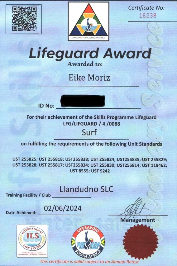 Ike Moriz Lifeguard Award 2024 Llandudno Surg Lifesaving club