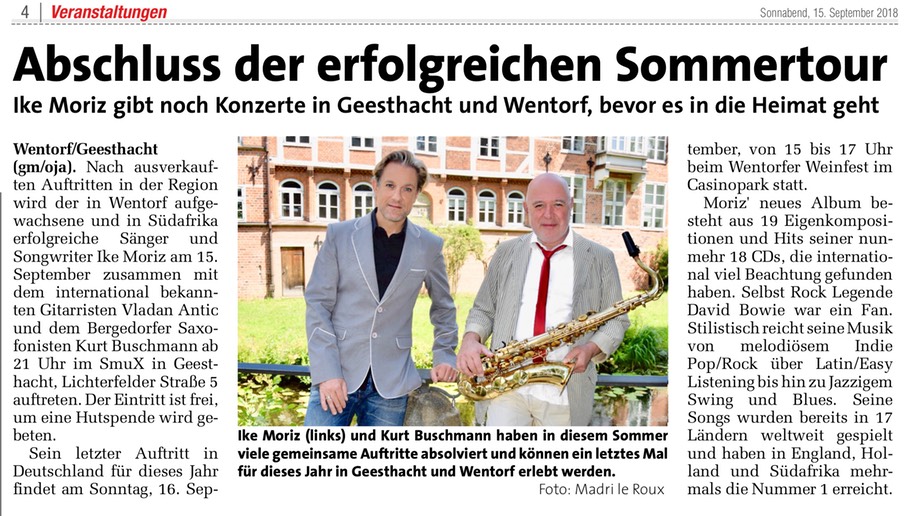 Markt Wochenzeitung Ike Moriz Kurt Buschmann Geesthacht Wentorf Madri le Roux Südafrika Vladan Antic Summ Werkstatt Cafe Weinfest David Bowie Swing Blues England Holland Nummer Eins Millennium Hits Tour 2018 