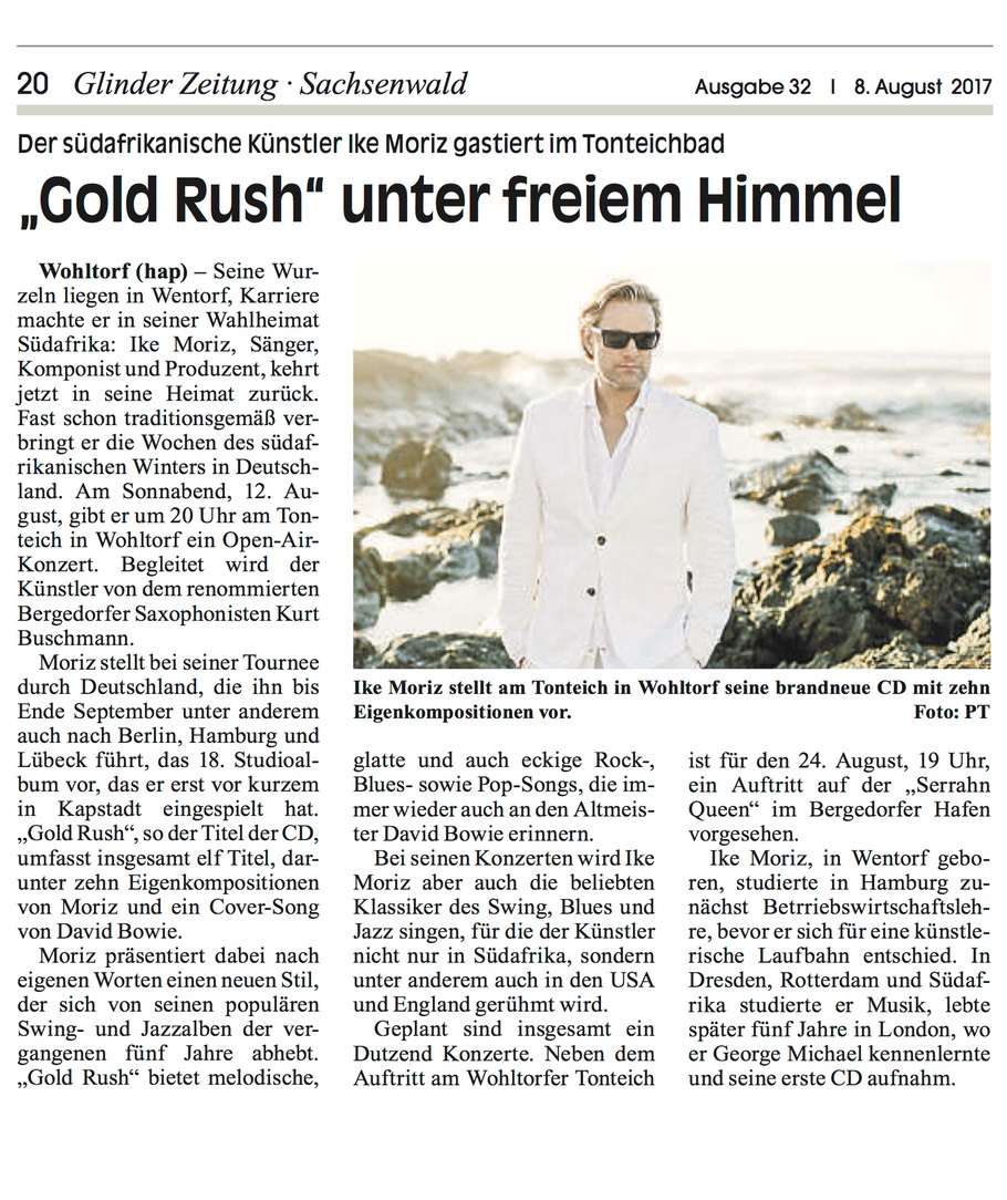Sachsenwald Zeitung Glinder newspaper page 20 August 2017 Ike Moriz Kurt Buschmann Tonteich open air concert Wohltorf Wentorf Germany blues rock pop David Bowie George Michael London South Africa Hamburg