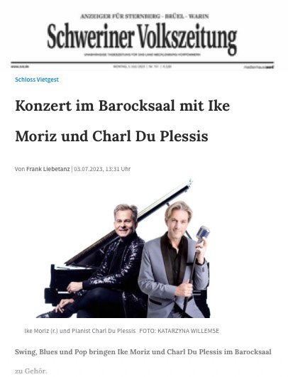 Schweriner Volkszeitung 3 July 2023 Ike Moriz and Charl Du Plessis in the baroque hall of Vietgest Castle